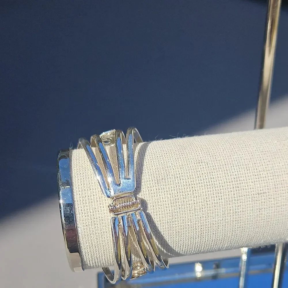 Silver Tone Swirl Design Hinged Cuff Bracelet Metal Boho